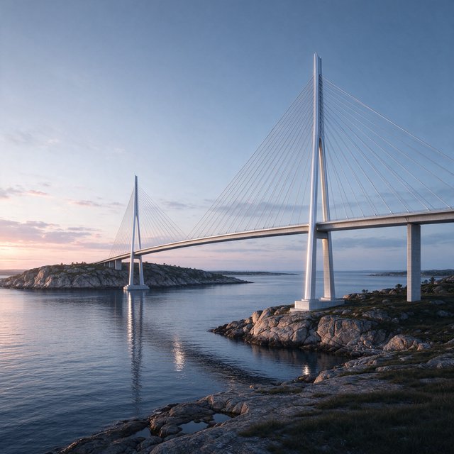 Across a sheltered coastal inlet, a contemporary high-tech cable-stayed bridge spans between granite shores, its slender steel pylons and pale concrete deck catching cool sunrise light; viewed from a rocky bank, straight lines and credible engineering define the scene. — Seedream 5.0 Flash