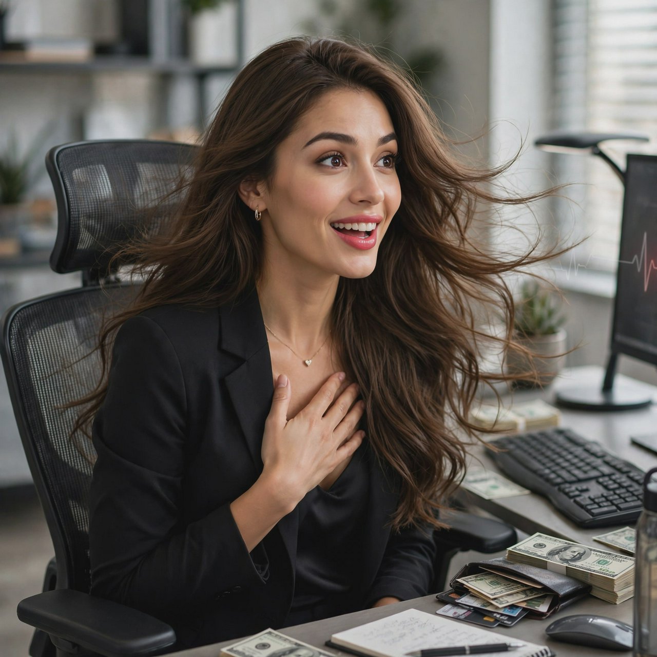 Exchanging flirtatious glances. Alluring. A peerlessly beautiful adult woman. Captivating. An expression of being dazzled by money, heart racing. Ergonomics. Long hair flowing. — Muse Image 1.0