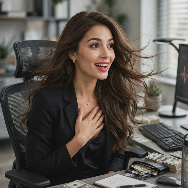 Exchanging flirtatious glances. Alluring. A peerlessly beautiful adult woman. Captivating. An expression of being dazzled by money, heart racing. Ergonomics. Long hair flowing. — Muse Image 1.0