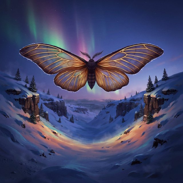 A cathedral-sized mothlike creature glides above a frozen ravine, its translucent wings veined with amber light and fringed with frost. Tiny mountain pines cling to the cliffs as aurora colors ripple across the snow. — Ideogram v4.5