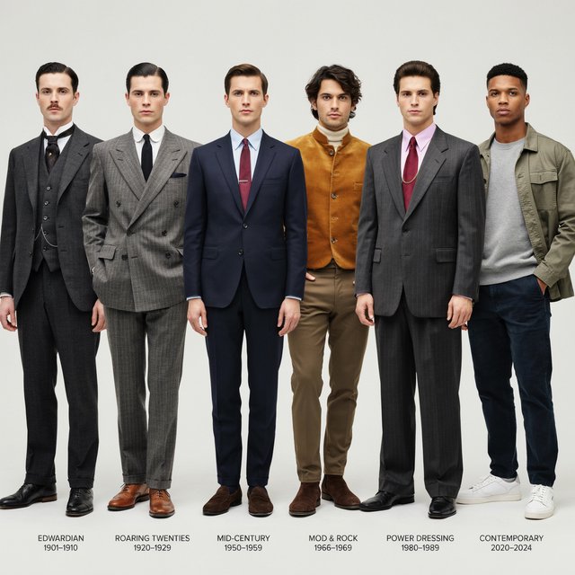 A realistic image only, showing nice outfits worn by adult men from at least 4–6 different eras. Mention the time range for each era. — Ideogram v4