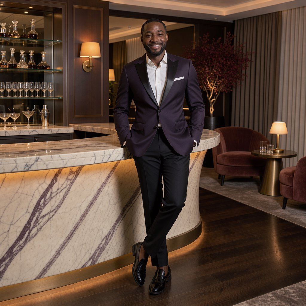 Editorial glamour photograph of an adult man in a midnight-plum dinner jacket and black trousers, standing naturally beside a sculptural marble bar in a quiet hotel lounge, flattering amber light, easy smile, polished editorial elegance. — FLUX 3 Image