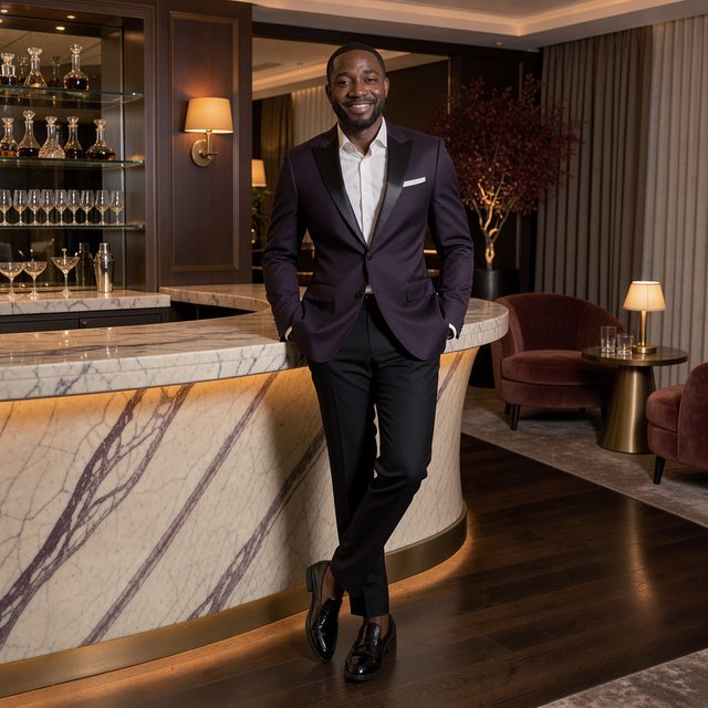 Editorial glamour photograph of an adult man in a midnight-plum dinner jacket and black trousers, standing naturally beside a sculptural marble bar in a quiet hotel lounge, flattering amber light, easy smile, polished editorial elegance. — FLUX 3 Image