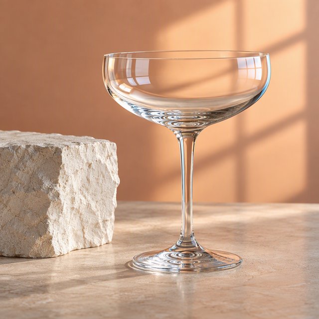 Beside a pale limestone block, an unbranded handblown cocktail coupe in clear soda-lime glass catches crisp window-shaped highlights; its curved bowl bends a muted apricot backdrop under broad diffused key light and narrow cool rim lighting, commercial product image, no lettering. — GPT Image 2.5 Sunburst