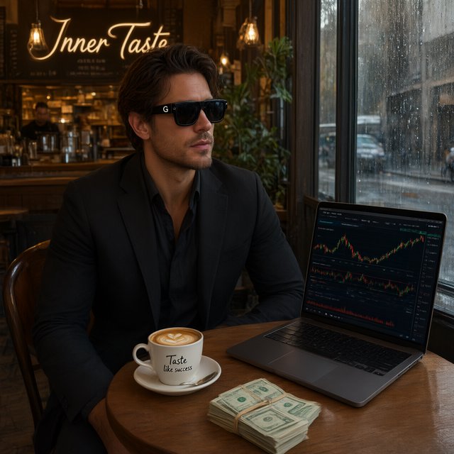 Realistic, a man wearing a black suit and cool shades with the word “G” on them, sitting near a table in a friendly coffee shop with the words “Inner Taste” displayed in the shop, coffee on the table, a coffee cup with the words “Taste like success,” a stack of money on the table, a high-end laptop displaying a successful trade, and rain pouring outside. The vibe is calm and chill. — Qwen Image 3.0