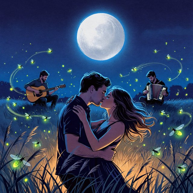 An illustration of a young adult European couple sharing a kiss while dancing in a moonlit meadow, with tall grass, fireflies, musicians playing music, and a huge silver moon overhead. — ImagineArt 2