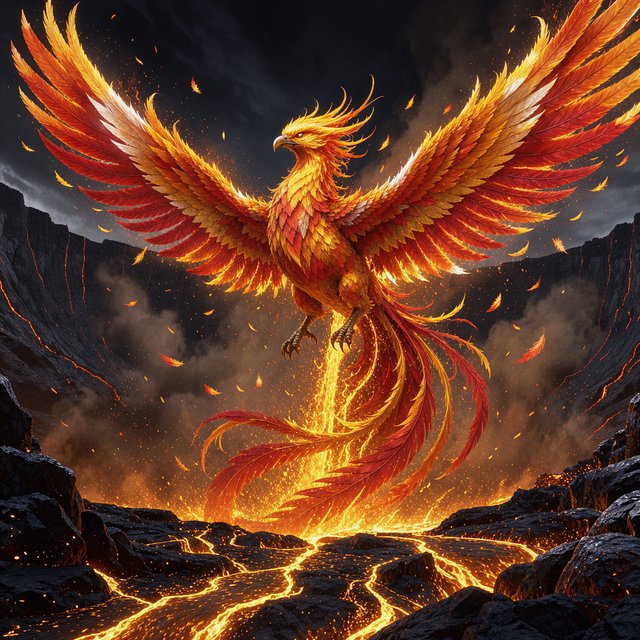 A majestic phoenix rising from a cascade of molten gold and shimmering embers against a backdrop of a dark, volcanic caldera. Its feathers are ablaze with brilliant oranges, reds, and fiery yellows. The air around it crackles with heat and energy. Style: Epic fantasy art with dynamic composition and vibrant color contrast — FLUX 3 Image