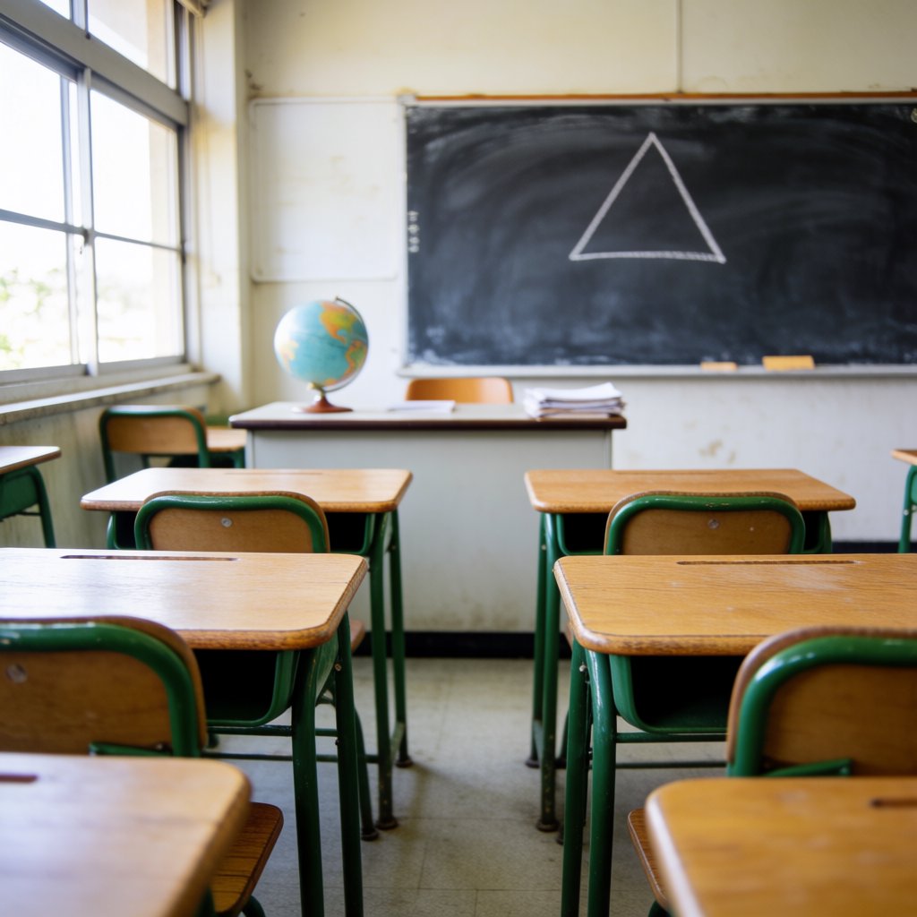 A classroom with exactly four desks in two rows, a globe on the teacher's desk, a chalkboard with a single drawn triangle, empty of people. — Krea 2 Medium