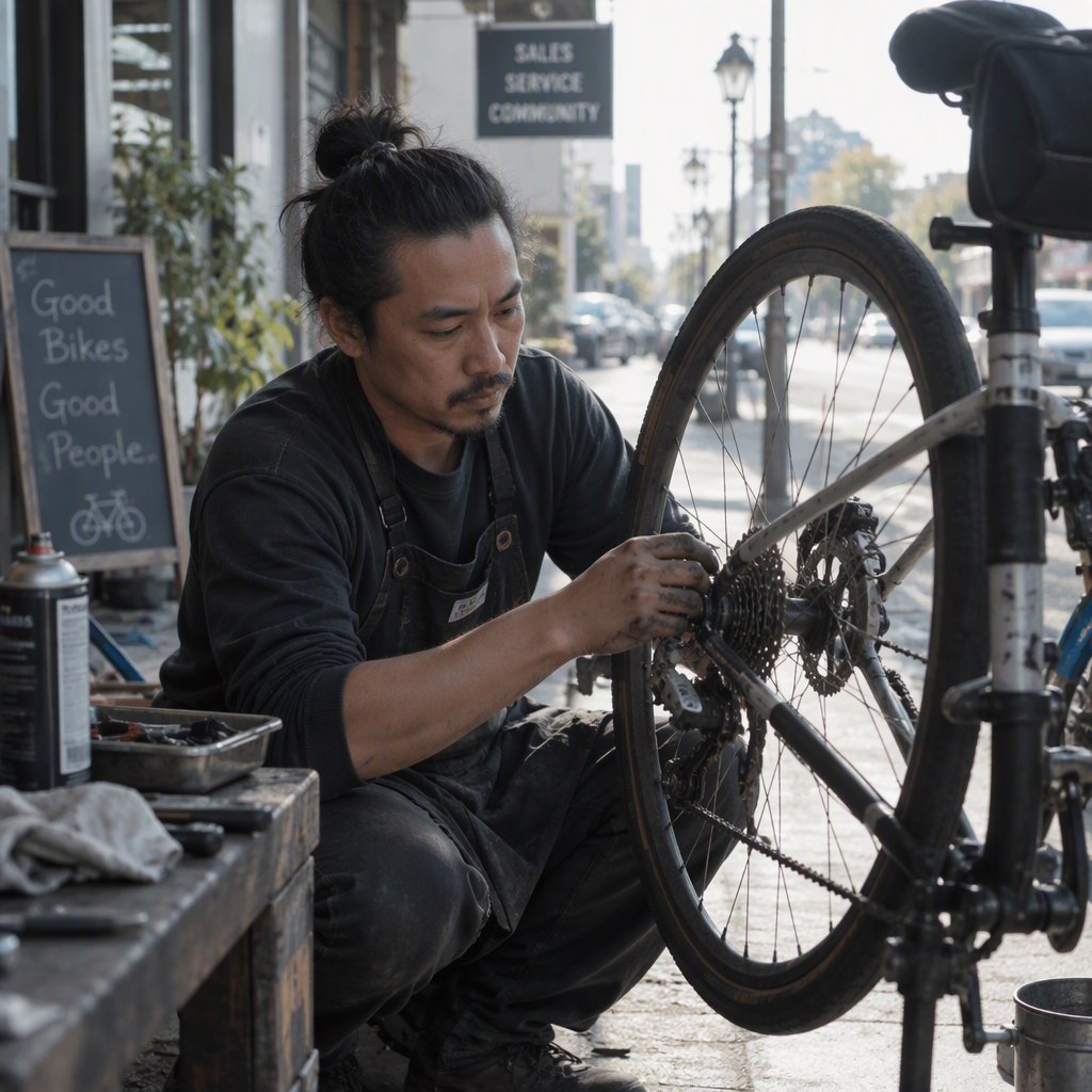 Candid documentary photograph of an adult repairing a bicycle at a quiet curbside workshop, cool morning window light, 50mm lens with shallow depth of field, grease smudges on their fingertips. — GPT Image 2.5 Sunburst