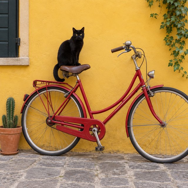 A red bicycle leaning against a yellow wall, a black cat sitting on the bicycle's saddle, a small potted cactus to the left of the bicycle. — GPT Image 2.5 Sunburst