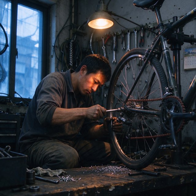 Candid documentary photograph of an adult bicycle mechanic tightening a wheel in a modest repair shop, cool window light mixing with a warm work lamp, 35mm lens with moderate depth of field, fine metal filings caught on the workbench. — Seedream 5.0 Flash