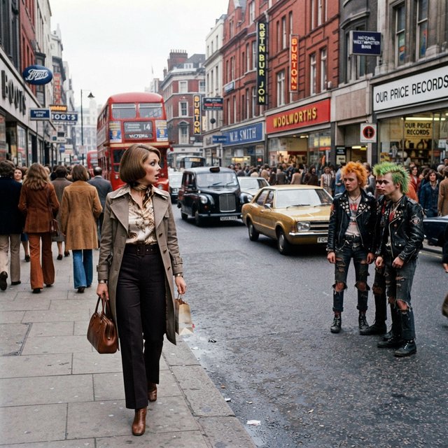A glamorous woman walking down a busy UK high street in 1977. There are cars, buses and shops full of merchandise. Something surprising catches her eye. — Nano Banana 2 Lite