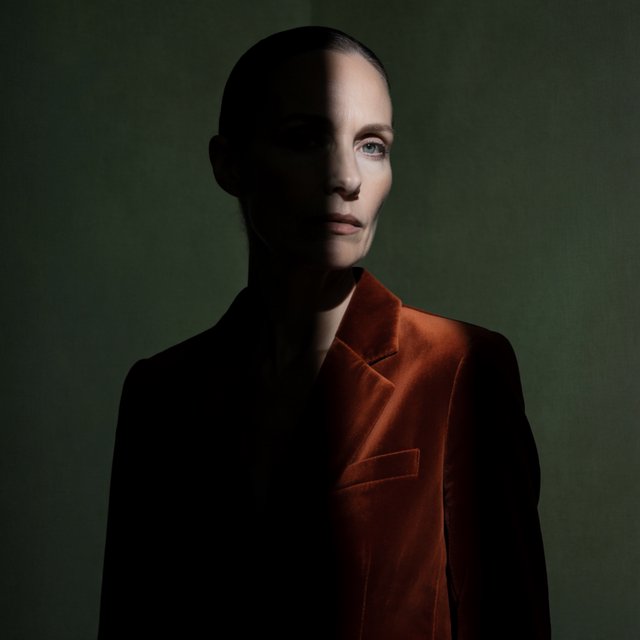 Her guarded gaze catches a solitary beam in a low-key fashion portrait: an adult woman aged 27–35 wears a rust-colored velvet blazer, the rest of her face falling into shadow against a deep olive backdrop. — Krea 2 Medium