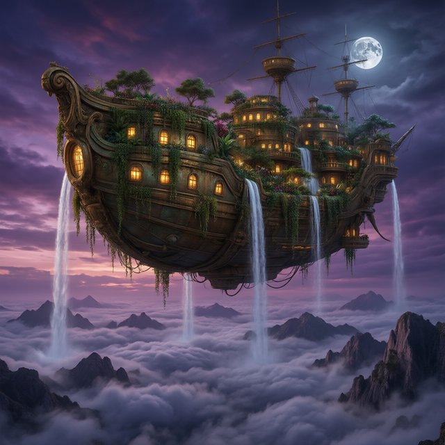 A colossal floating archive-ship drifts above storm clouds, its bronze hull wrapped in hanging gardens and luminous windows, while waterfalls spill into the sky. Distant mountain peaks pierce the cloud sea beneath a violet sunset and cold silver moonlight. — Qwen Image 3.0