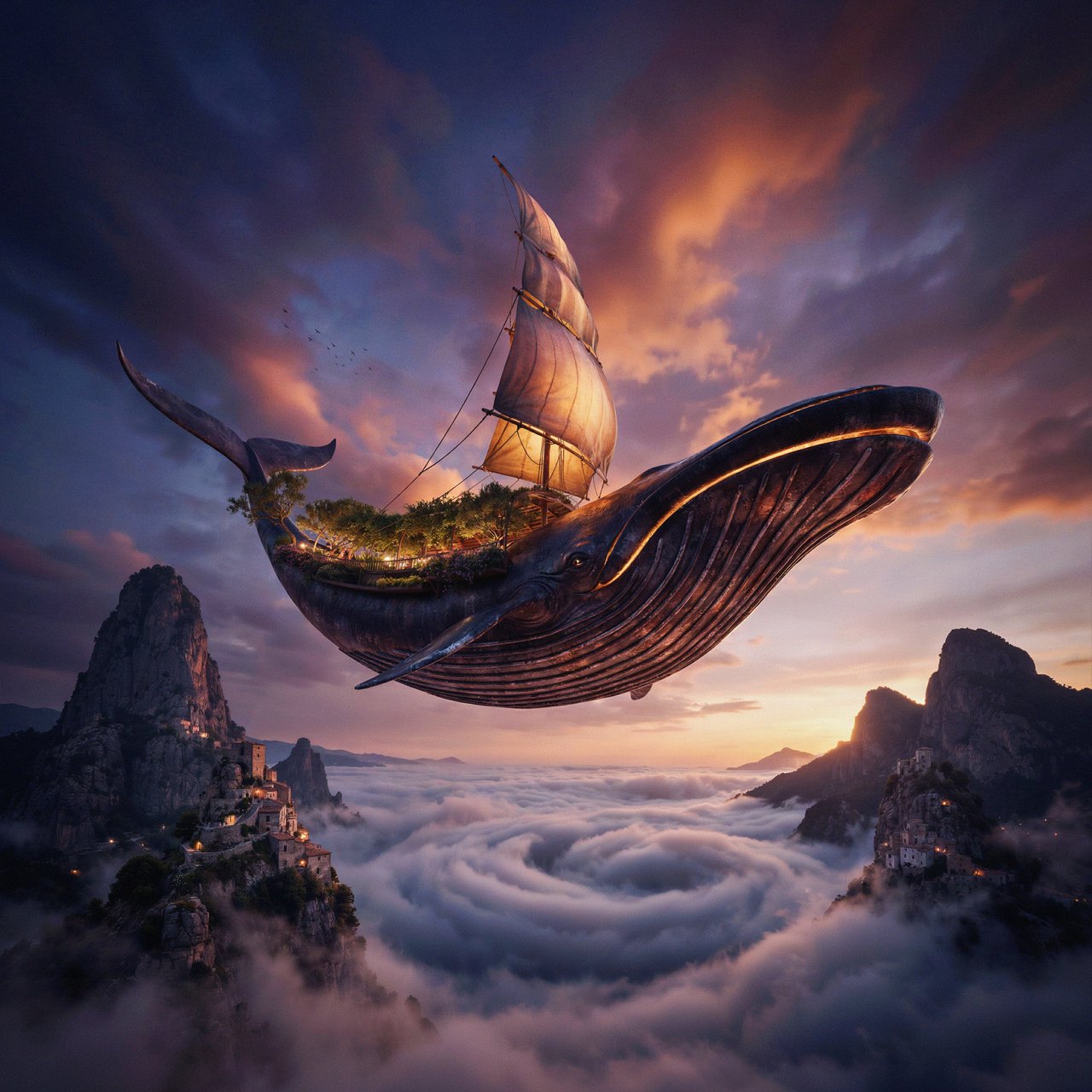 A vast, whale-shaped sky barge sails between mountain spires, its copper ribs supporting gardens and glowing sailcloth. Below, cloud rivers curl around tiny cliff villages as sunset pours through storm breaks, outlining the vessel in molten gold. — Ideogram v4.5