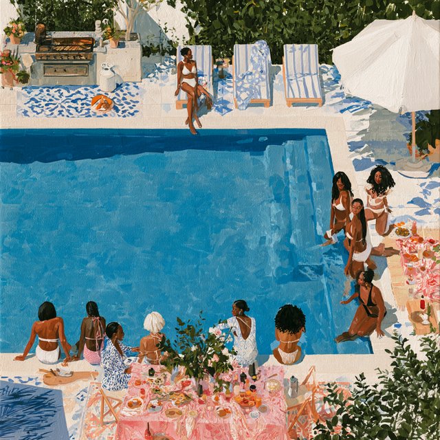 A group of women of all races wearing two-piece swimsuits are having fun near a clear blue pool at a huge house, with food being cooked nearby and everything. Show many full angles. — Midjourney V8.2
