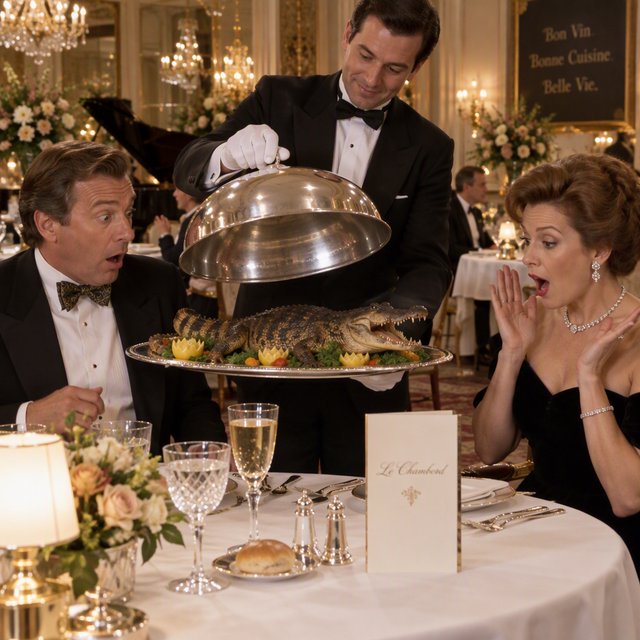 A very posh, well-lit 1990s restaurant with beautiful, tasteful decor. A husband and wife dine in a high-class restaurant. The waiter serves something very surprising as the main course! — GPT Image 2.5 Sunburst