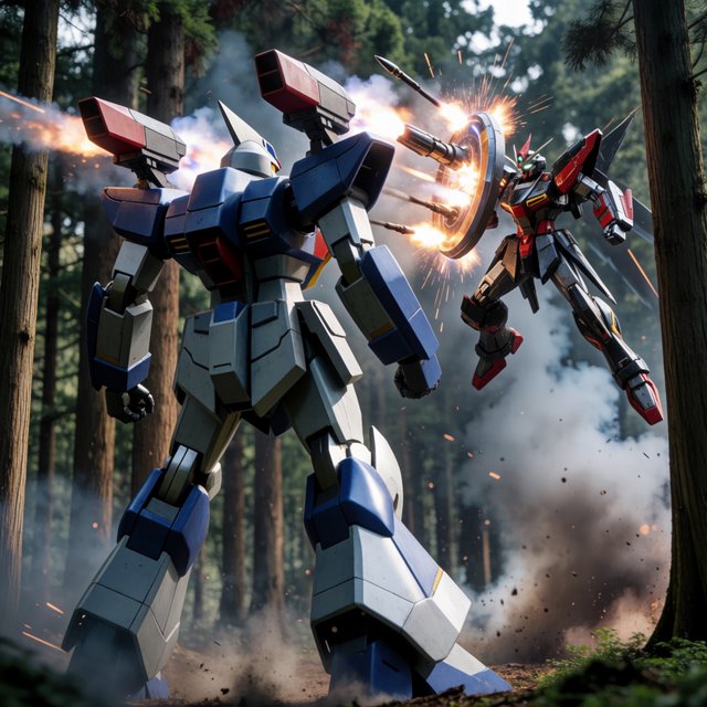 A dramatic cinematic scene of a towering 20-meter futuristic mecha standing in a dense forest, viewed from behind as the main focus. Its design is sleek, angular, and elegant, with a classic retro-futurist Japanese mecha aesthetic. Shoulder missile pods fire a volley of missiles toward an enemy mecha of a different but similarly styled design. The enemy mecha hovers in the air ahead, blocking the incoming missiles with a large arm-mounted energy shield. Dynamic action, smoke trails, forest scale, and intense battle atmosphere. — Krea 2 Medium