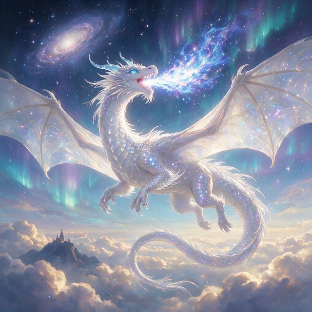 A beautiful, ethereal dragon flying through the skies breathing star flames. Detailed scales. — Seedream 5.0 Pro