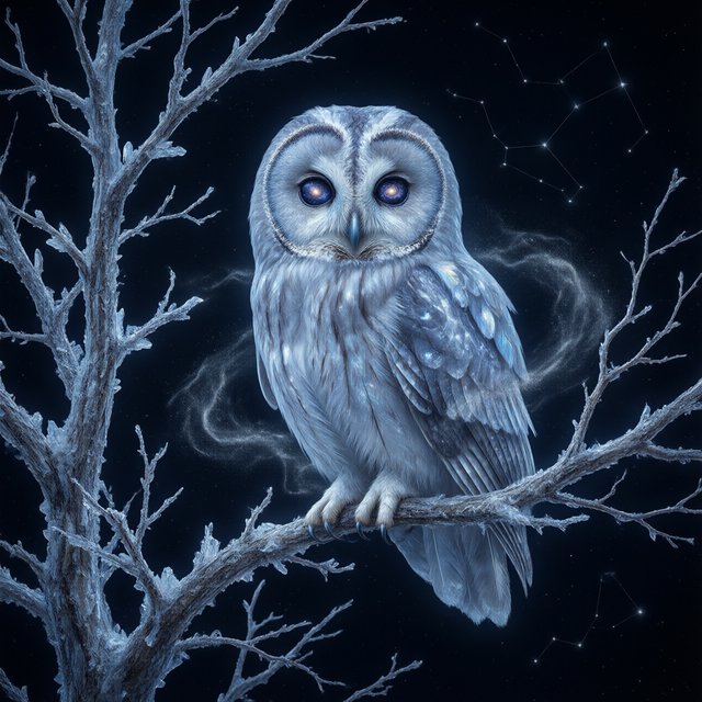 An ethereal owl with feathers made of shimmering moonlight and eyes like miniature galaxies, perched on a branch of a crystalline tree that grows in a void. Wisps of cosmic dust drift around it, and faint constellations are visible in the background. The scene evokes a sense of profound tranquility and celestial mystery. Style: Ethereal, surrealism, with a touch of photorealism. — Qwen Image 3.0