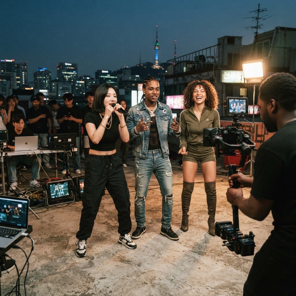Realistic adult Korean, Black, and mixed-race female rappers filming a music video, all wearing fitted clothes. The music video is about how they are making money and are set to rule, with a really cool, laid-back vibe, shown from many angles. — Nano Banana 2 Lite