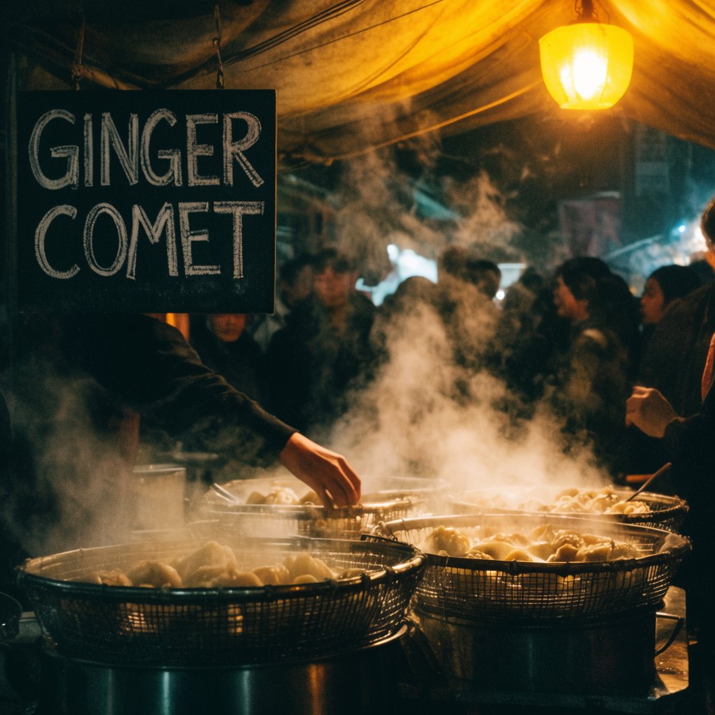 Steam curls above baskets of dumplings at a lively night-market stall, lantern light warming its canvas canopy; "GINGER COMET" is chalked in bold white letters on a blackboard beside the serving counter. — Krea 2 Large