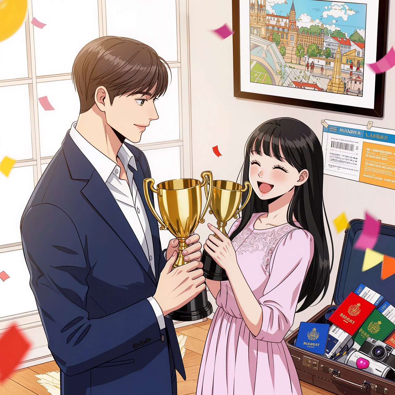 A realistic manga about a couple who entered a contest and ended up winning a trip to a place they always wanted to go. — Kling v3