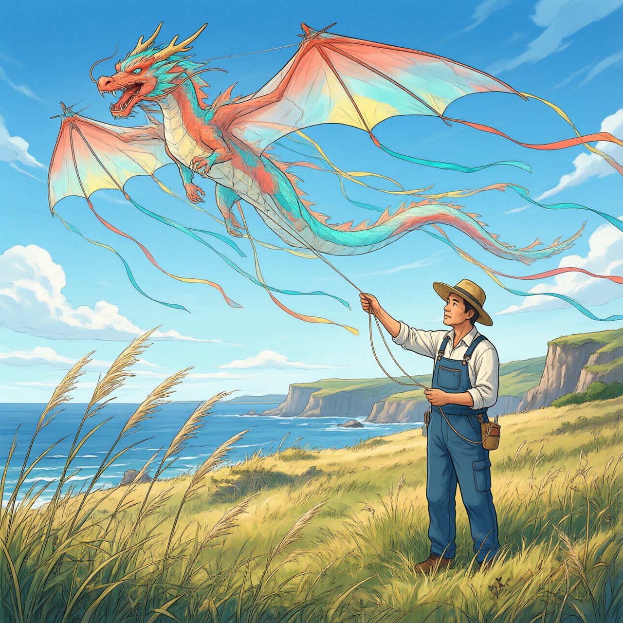Cel-shaded anime illustration of an adult kite maker testing a vast translucent dragon-shaped kite on a windy coastal bluff, ribbons streaming above wild grasses and distant cliffs. Palette of coral, turquoise, butter yellow, and deep blue, with clean contours and a luminous sky. — Qwen Image 3.0