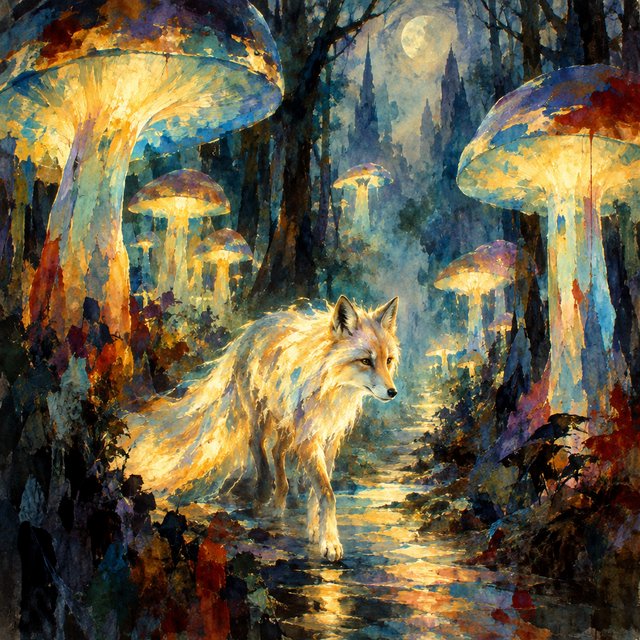 A solitary fox with fur like molten moonlight walks through an ethereal forest. Towering, bioluminescent fungi illuminate the path, casting an otherworldly glow. The style is reminiscent of early 20th-century magical realism, with bold, gestural brushstrokes akin to abstract expressionism, and a watercolor-like diffusion of light. — Model 3