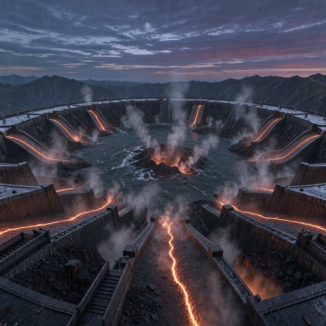 A colossal ring-shaped dam bridges a volcanic caldera, its black stone spillways veined with molten light. Rain veils the terraces as steam rises into a bruised dusk sky. — FLUX 3 Image