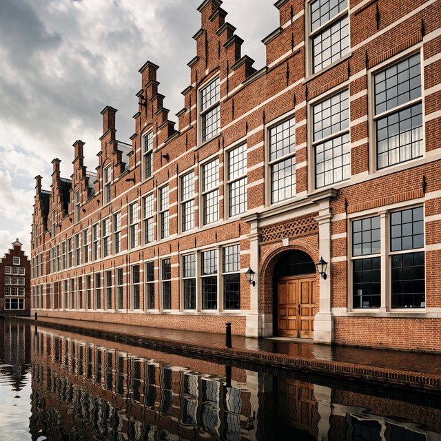 Exterior of a Dutch Renaissance canal-side archive, with warm red brick, pale stone bands, stepped gables, and tall sash windows; soft overcast light reveals the masonry, viewed from the opposite quay, with convincing structure and precise architectural lines. — Recraft v4 Pro