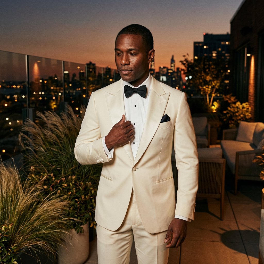 Under the copper glow of a rooftop terrace, an adult Black man in a tailored cream dinner suit is caught smoothing his lapel as evening breeze stirs nearby grasses; calm poise, sculpted shadows and refined fashion-magazine polish. — Nano Banana 2.1