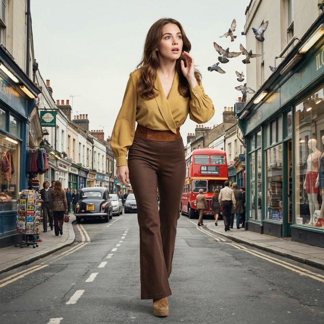 A glamorous woman walking down a busy UK high street in 1977. There are cars, buses and shops full of merchandise. Something surprising catches her eye. — Ideogram v4.5
