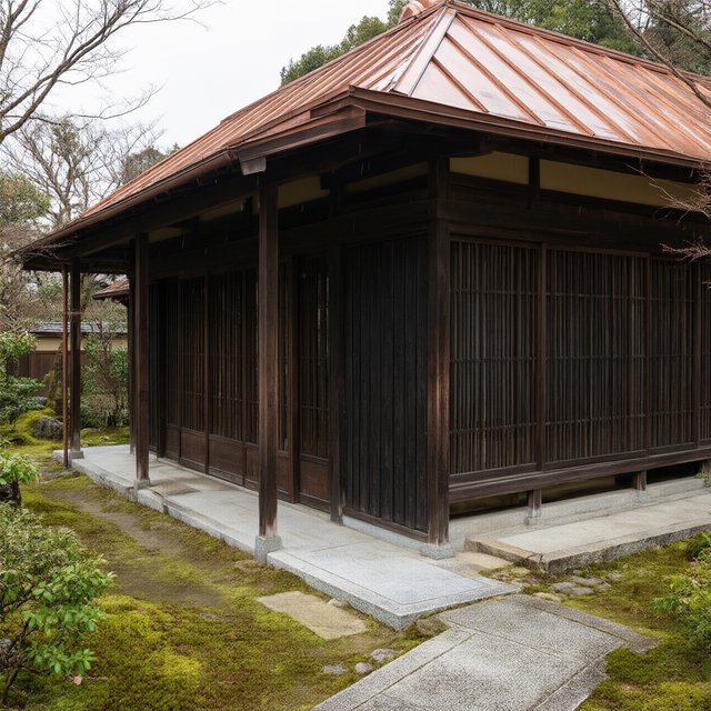 Exterior of a Kyoto-inspired contemporary teahouse in restrained Japanese timber architecture, charred cedar screens, pale granite, and a copper-clad roof; soft rain-bright afternoon light, viewed obliquely from a moss garden path, precise joinery and credible structure. — Qwen Image 3.0