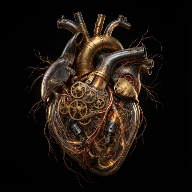 A beautifully intricate mechanical heart floating alone in deep darkness, designed like an exquisite piece of horological sculpture. Its polished brass, copper, and dark steel chambers are partially open, revealing layers of tiny interlocking gears, delicate springs, pistons, and precision mechanisms within. Sections of crystal-clear glass expose deeper workings, while slender tubes carry a faintly glowing fluid through the heart like an artificial bloodstream. Tiny gears turn and pistons move, suggesting that the heart is genuinely functioning. Fine mechanical filaments curl outward like veins and arteries, catching subtle highlights from the warm inner glow. Elegant steampunk aesthetic, dramatic cinematic lighting, rich metallic textures, intricate reflections, mysterious atmosphere. — Qwen Image 3.0