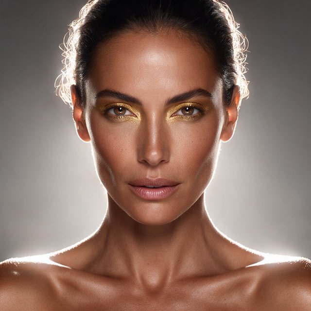 Beauty close-up of an adult woman with bronzed skin and gold eye makeup, bare shoulders, studio backlight halo, high-end campaign look. — Seedream 5.0 Pro