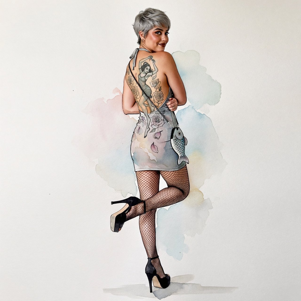 A realistic India ink illustration with crisp black lines depicting a realistic scene, anatomy, and proportions. The ink lines are colored with watercolors, while the black lines remain visible. Full-length composition. A 25-year-old woman named Mandy has a round face and short, trendy hair dyed grayish white. She wears a short, tight halter-top dress with a backless design, fishnet stockings, and high platform heels. She carries a tiny fish-shaped purse over one shoulder. She has smoky eyes and dark brown lipstick. Her entire back is covered with a huge tattoo of a dancing adult woman surrounded by a swirl of roses and rose petals. She poses for a picture in rear view, standing on one foot with the other foot raised and knee bent. She looks at us over one shoulder, making eye contact with the camera and smiling. — ImagineArt 2
