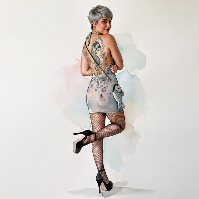 A realistic India ink illustration with crisp black lines depicting a realistic scene, anatomy, and proportions. The ink lines are colored with watercolors, while the black lines remain visible. Full-length composition. A 25-year-old woman named Mandy has a round face and short, trendy hair dyed grayish white. She wears a short, tight halter-top dress with a backless design, fishnet stockings, and high platform heels. She carries a tiny fish-shaped purse over one shoulder. She has smoky eyes and dark brown lipstick. Her entire back is covered with a huge tattoo of a dancing adult woman surrounded by a swirl of roses and rose petals. She poses for a picture in rear view, standing on one foot with the other foot raised and knee bent. She looks at us over one shoulder, making eye contact with the camera and smiling. — ImagineArt 2