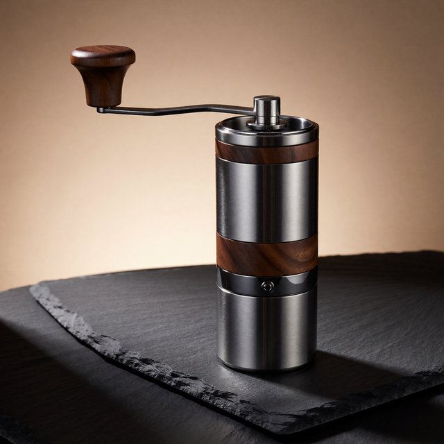 Commercial product photograph of an unbranded portable espresso grinder crafted from anodized aluminum with walnut accents, resting on a black stone surface against a warm beige background, illuminated by broad diffused studio light and a subtle edge highlight. — ImagineArt 1.5 Pro
