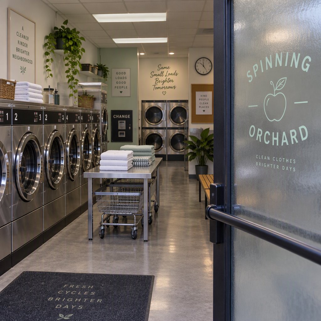 Inside a quiet neighborhood laundromat, chrome machines and folded linen glow beneath cool ceiling lights; "SPINNING ORCHARD" is printed in pale mint letters on the frosted glass entry door. — GPT Image 2.5 Sunburst