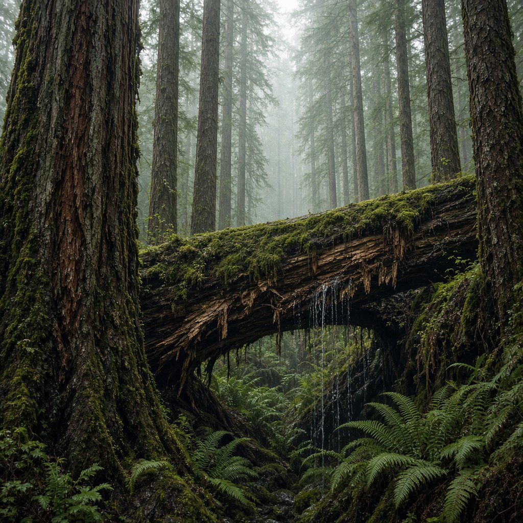 Between cedar trunks, a moss-covered fallen giant bridges a fern-filled ravine in steady dawn drizzle; shredded bark, rain-dark lichen, and tiny rivulets stand crisp nearby while successive trees dissolve into green mist. — Grok Imagine Image 2