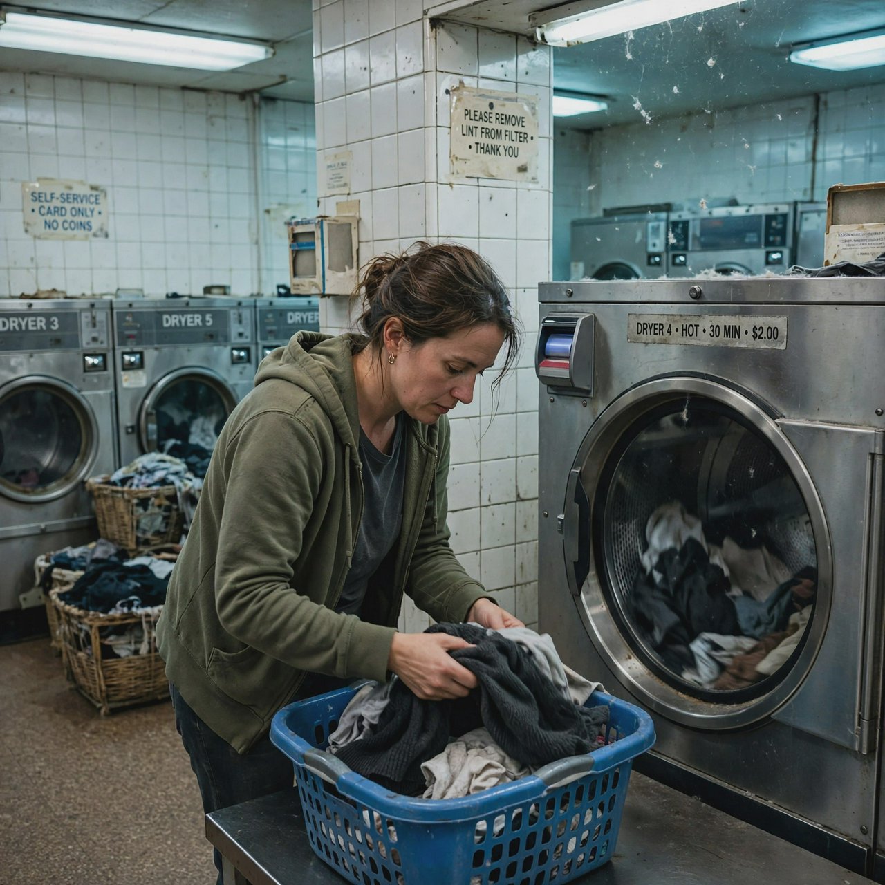 Candid documentary photograph of an adult woman sorting clothes in a self-service laundromat, cool fluorescent light, 35mm lens with moderate depth of field, loose lint suspended above a tumbling machine, worn baskets and tiled walls rendered naturally. — Muse Image 1.0