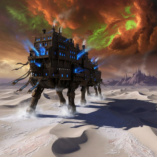 A colossal walking citadel crosses a salt desert, its ironwood legs striding through windblown dunes beneath a copper storm. Blue furnace light leaks from carved windows, casting a long shadow toward distant mountains. — Grok Imagine Image Quality