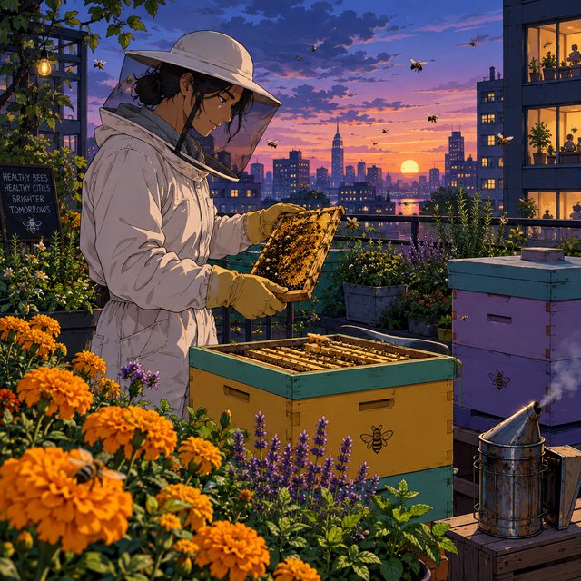 Cel-shaded anime illustration of an adult rooftop beekeeper tending lively hives among marigolds and herbs at dusk, with bees drifting past distant windows. Palette of saffron, violet, mint, and midnight blue, crisp contours and gentle gradients. — GPT Image 2.5 Flare