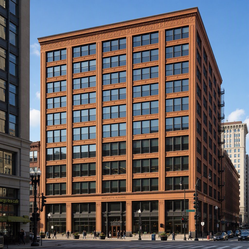 Exterior of a Chicago School office tower, with a visible steel-frame grid, warm terra-cotta cladding, broad rectangular windows, and a flat roofline; clear afternoon light, viewed from across a city street, with precise verticals and believable construction. — GPT Image 2