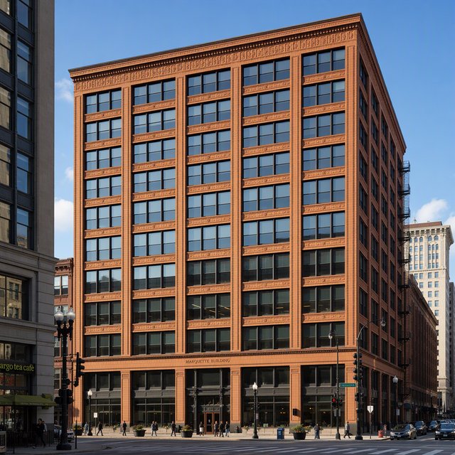 Exterior of a Chicago School office tower, with a visible steel-frame grid, warm terra-cotta cladding, broad rectangular windows, and a flat roofline; clear afternoon light, viewed from across a city street, with precise verticals and believable construction. — GPT Image 2