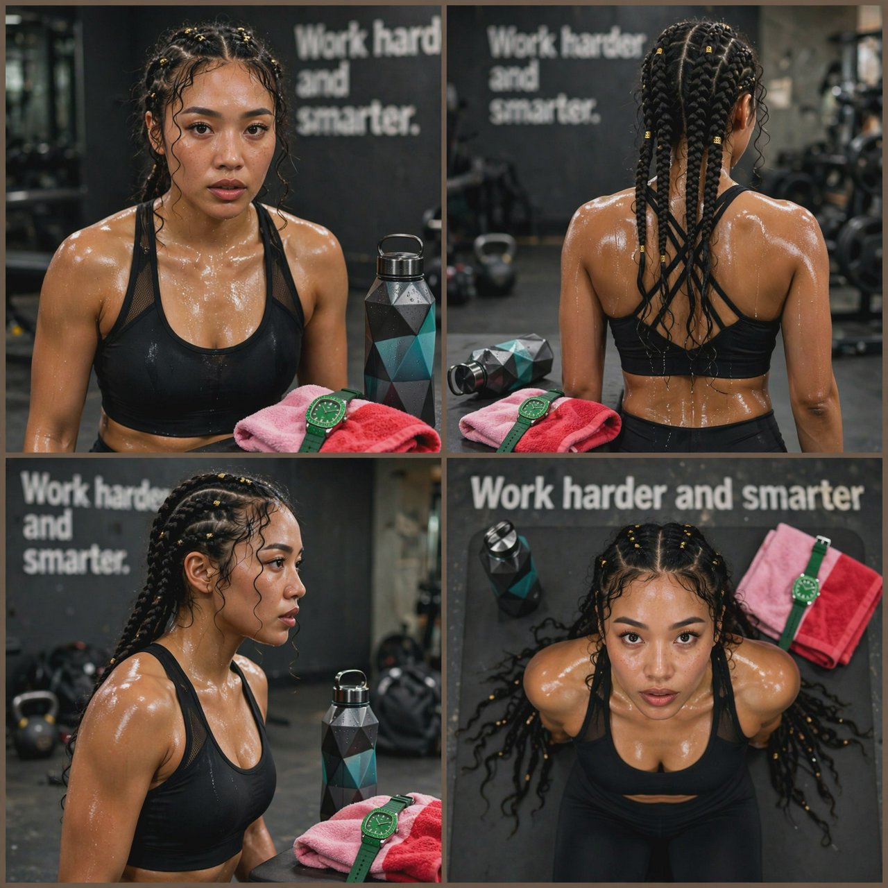 A pretty adult mixed-race woman of Korean and Black heritage, wearing fitted gym wear. Scene: a heavy workout with sweat. POV: full front, back, side, and aerial views. Near her are a unique-looking water bottle, a diamond green watch, a pink and red towel, and text in the background that says “Work harder and smarter”. — Muse Image 1.0