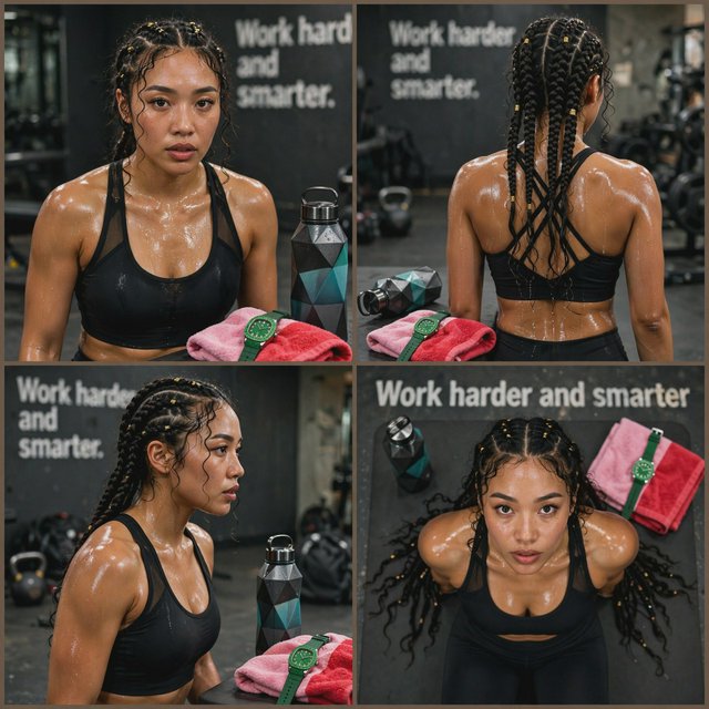A pretty adult mixed-race woman of Korean and Black heritage, wearing fitted gym wear. Scene: a heavy workout with sweat. POV: full front, back, side, and aerial views. Near her are a unique-looking water bottle, a diamond green watch, a pink and red towel, and text in the background that says “Work harder and smarter”. — Model 13