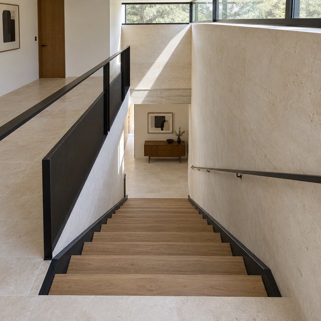 Beneath a pale limestone stairwell, a restrained mid-century modern interior frames a straight oak stair with blackened-steel stringers and limestone landings; afternoon clerestory light, viewed from the upper landing, reveals credible connections and aligned geometry. — GPT Image 2.5 Flare