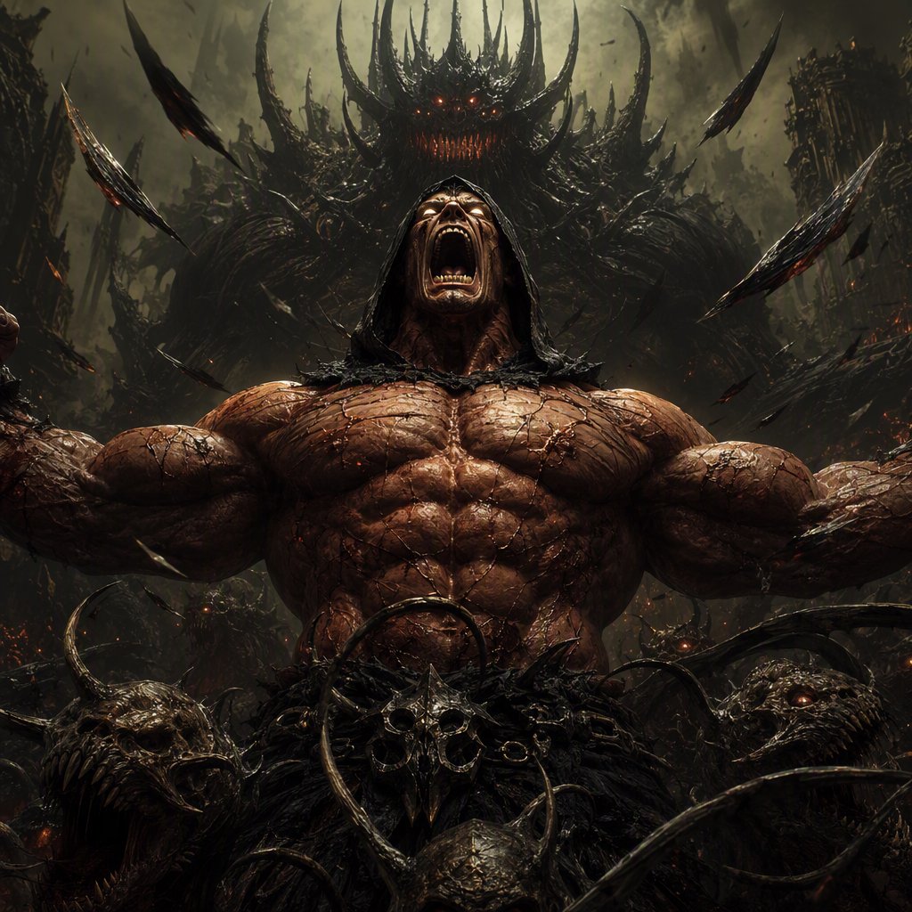 A colossal muscular berserker erupts in a primal roar, framed from the waist upward at a dramatic low angle. His head tilts back, glowing ivory eyes fixed upward, mouth stretched impossibly wide with clearly defined teeth and a cavernous dark interior. A close-fitting black hood frames his angular face, while his bare bronze-red torso displays monumental musculature, fine scars, and jagged surface fissures. Both upper arms thrust outward, elbows and hands beyond the frame, creating a broad, forceful silhouette. Behind him looms a towering obsidian demon with a crown of needlelike horns, scattered ember eyes, a serrated grin, and massive shoulders formed from twisted organic armor. Smaller snarling creatures coil across the lower foreground, their skull-like heads and hooked tendrils overlapping his waist. Razor-shaped fragments sweep diagonally through the scene, directing attention toward his illuminated face and chest. A ruined abyss recedes through smoky olive-green and charcoal haze. — GPT Image 2